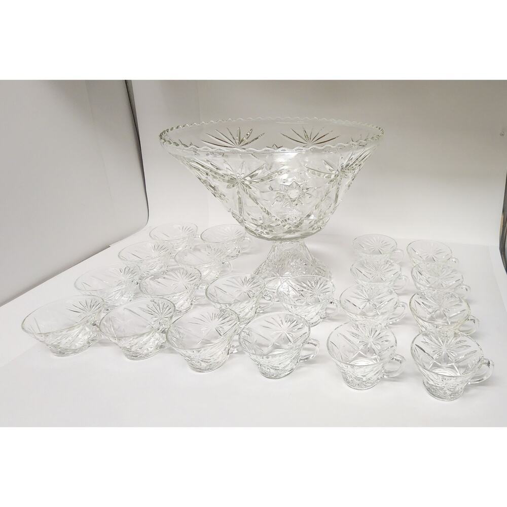 ANCHOR HOCKING Clear Prescut 1960s Star Of David Patterned Punch Bowl Set 22